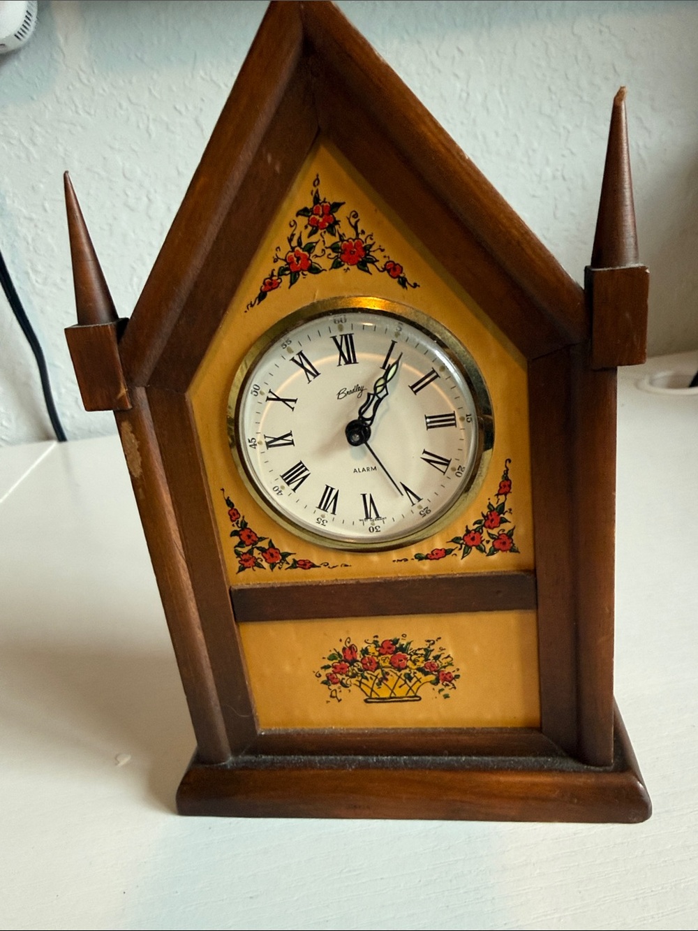 Wood-Framed Decorative Mantel Clock in Brown and Yellow